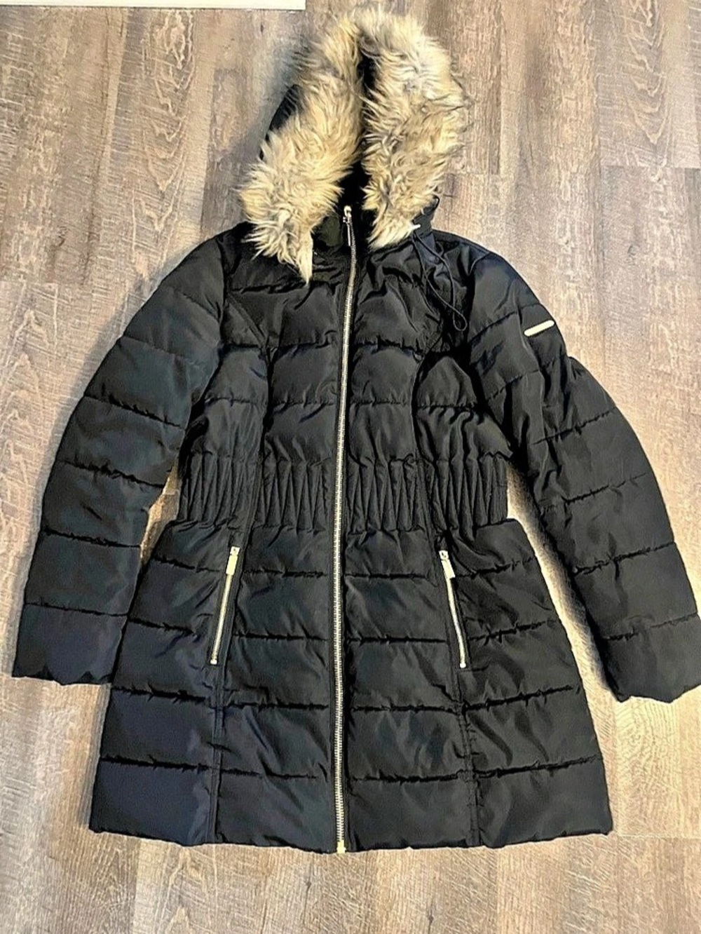 Laundry Black Womens Large Quilted Hooded Puffer Coat Jacket with Faux Fur Trim